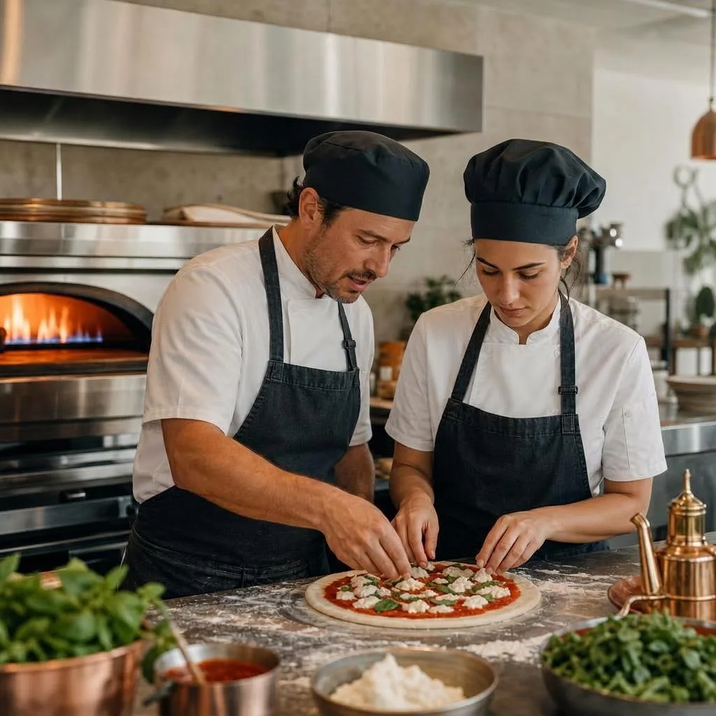 Personnel en formation de pizza dans une cuisine professionnelle avec un four à gaz